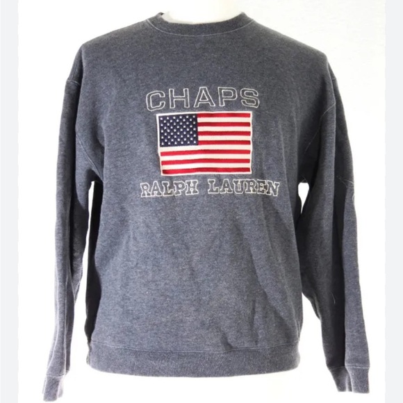 Chaps Ralph Lauren Flag USA Grey Sweatshirt Sz L Men Pull Over - Picture 1 of 8
